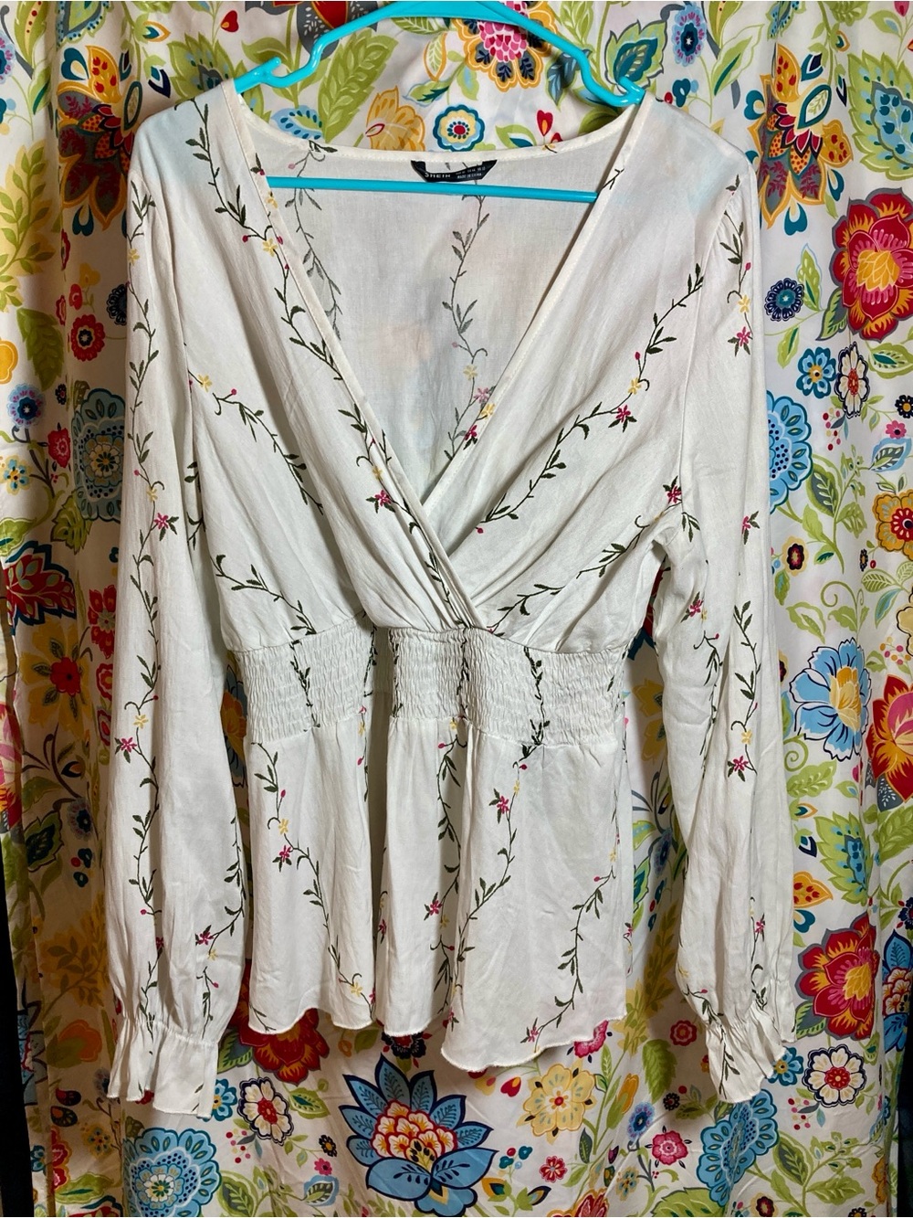 SHEIN White Floral Faux Embroidered V-Neck Peplum Blouse Size XL